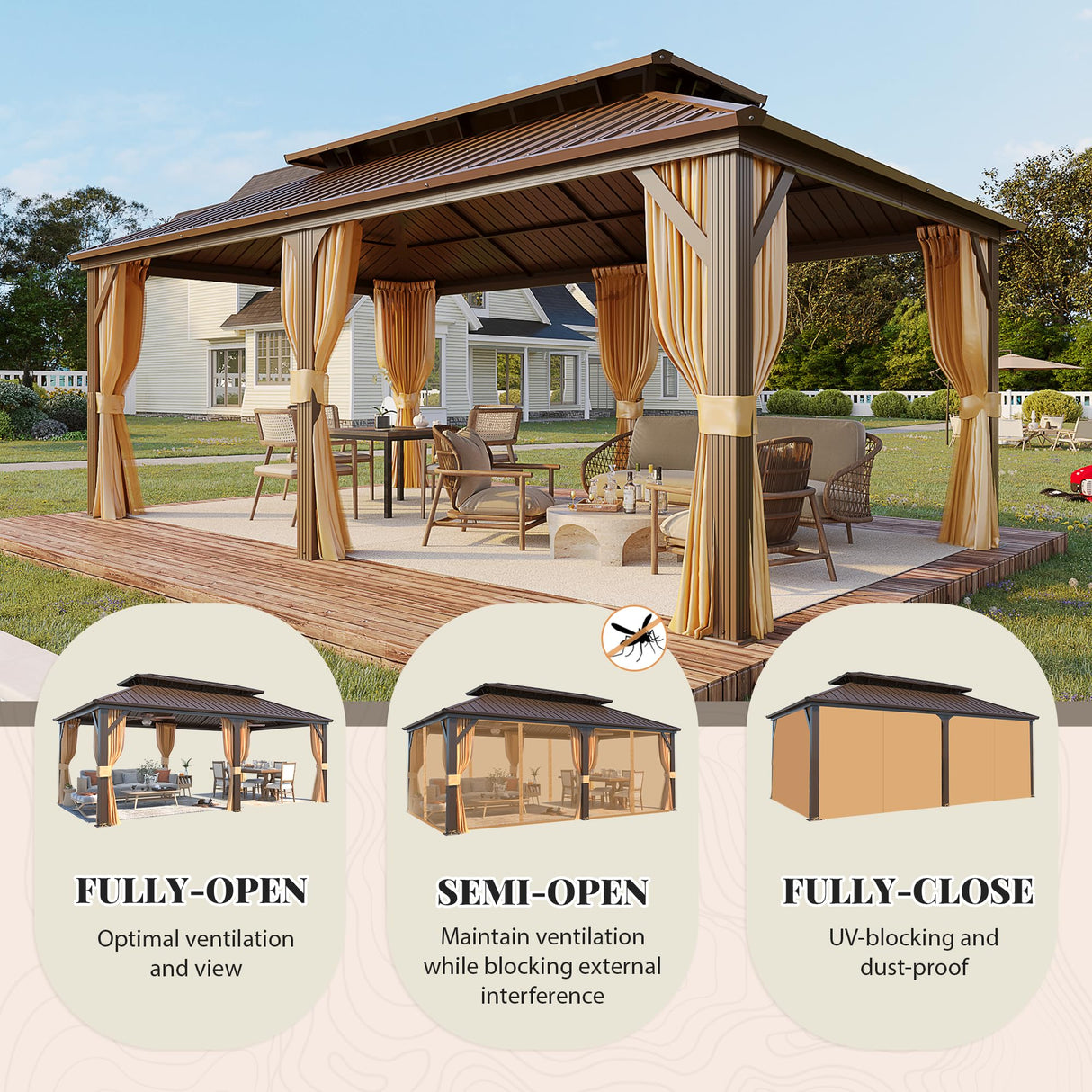 YOLENY 12' x 20' Gazebo, Hardtop Gazebo with Galvanized Steel Roof, Double Roof Gazebo with Aluminum Frame, Outdoor Gazebo with Curtains and YOLENY