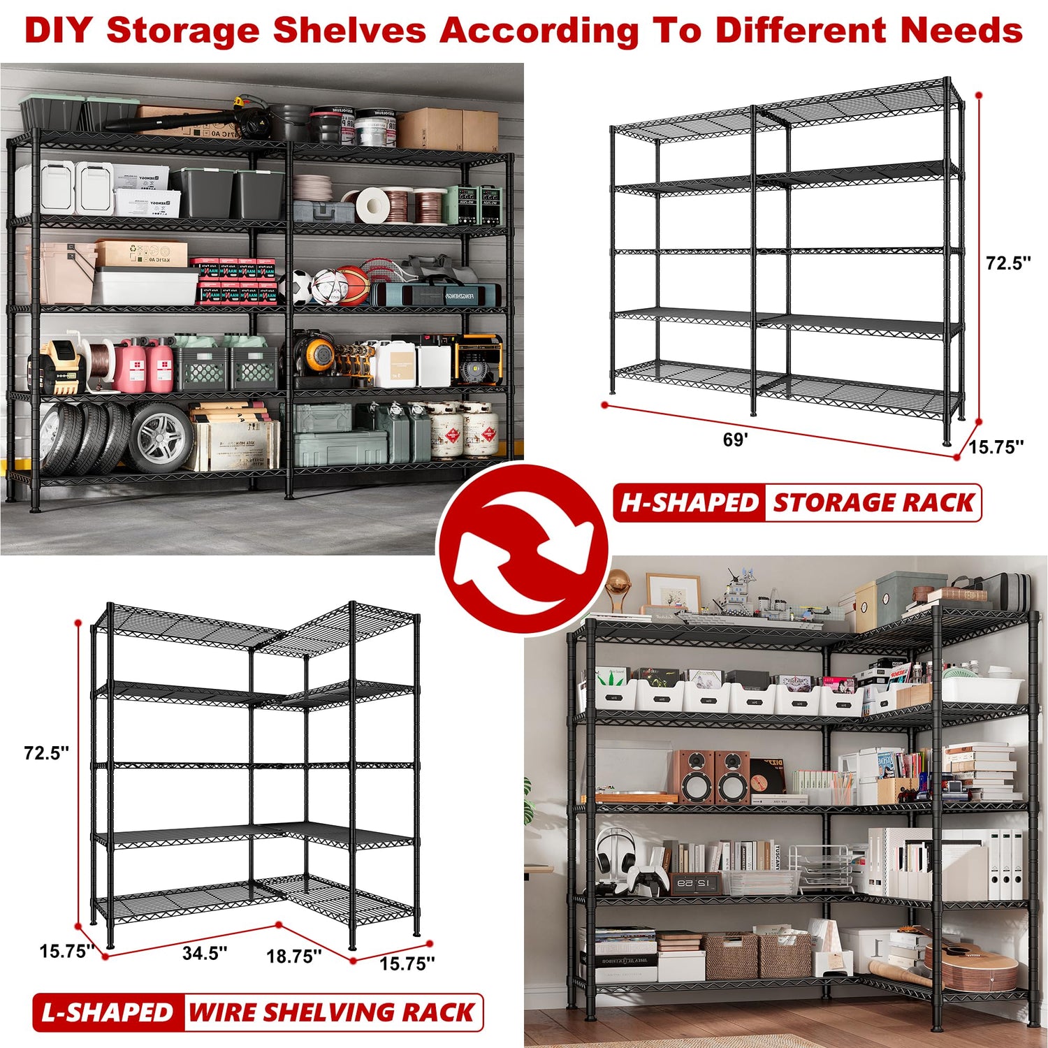 REIBII 69" W Storage Shelves,Wire Shelving Load 1600LB Metal Shelves for Storage 5-Tier Heavy Duty Shelving Unit with Shelf Adjustable Garage REIBII