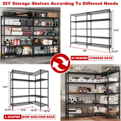 REIBII 69" W Storage Shelves,Wire Shelving Load 1600LB Metal Shelves for Storage 5-Tier Heavy Duty Shelving Unit with Shelf Adjustable Garage - WoodArtSupply