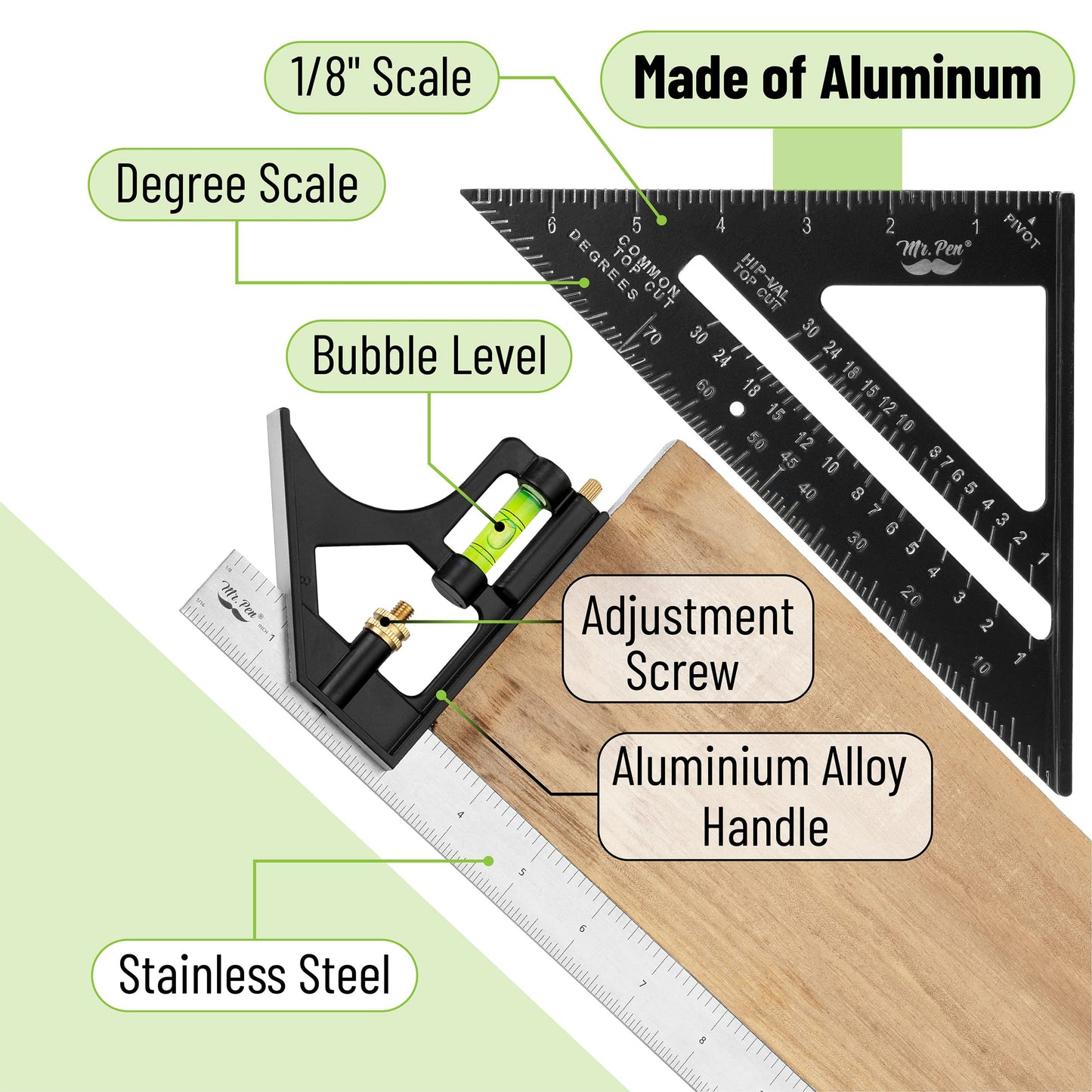 Mr. Pen- Rafter Square and Combination Square Tool Set, Black, 7" Square, 12" Aluminum Carpenter Square, Framing Square, Square Tool, Woodworking - WoodArtSupply