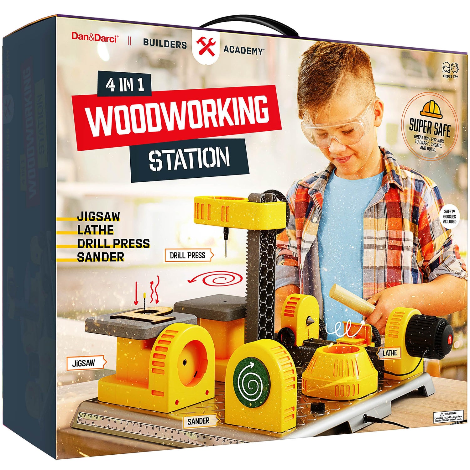 4 in 1 Woodworking Station for Kids - Wood Building Projects Kit for Boys - Real Construction Tools Sets - Boy Tool Set - Gifts for Boy Age Year Old Dan&Darci