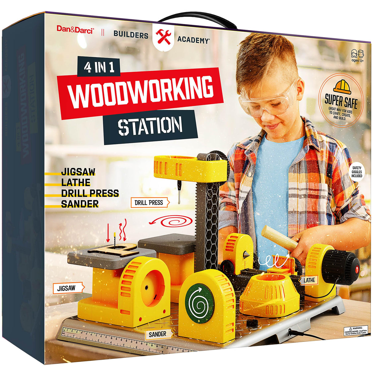 4 in 1 Woodworking Station for Kids - Wood Building Projects Kit for Boys - Real Construction Tools Sets - Boy Tool Set - Gifts for Boy Age Year Old Dan&Darci