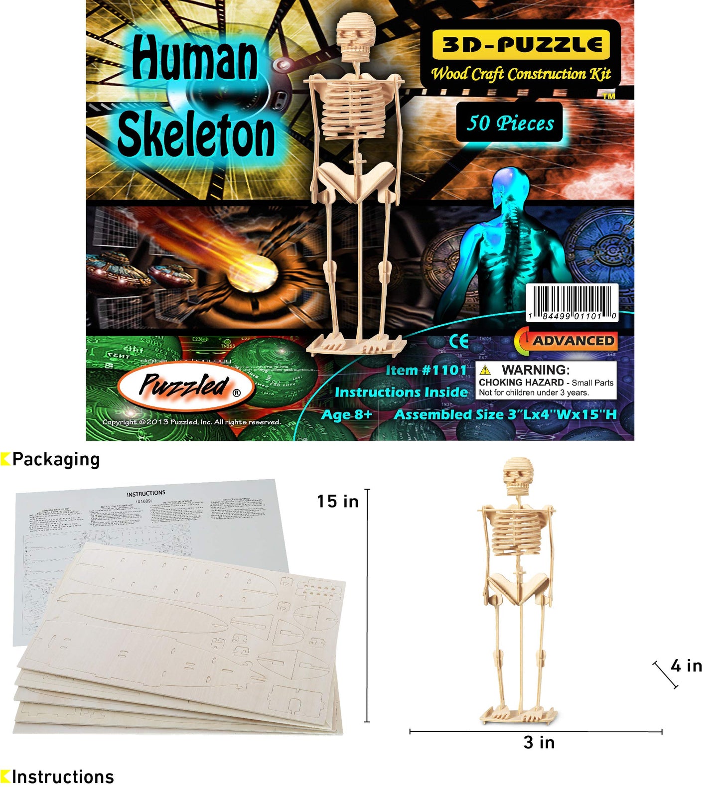 Puzzled 3D Puzzle Human Skeleton Wood Craft Construction Model Kit, Fun & Educational DIY Wooden Toy Assemble Model Unfinished Crafting Hobby Puzzle