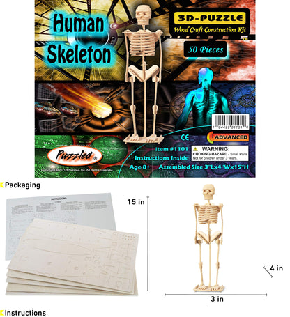 Puzzled 3D Puzzle Human Skeleton Wood Craft Construction Model Kit, Fun & Educational DIY Wooden Toy Assemble Model Unfinished Crafting Hobby Puzzle