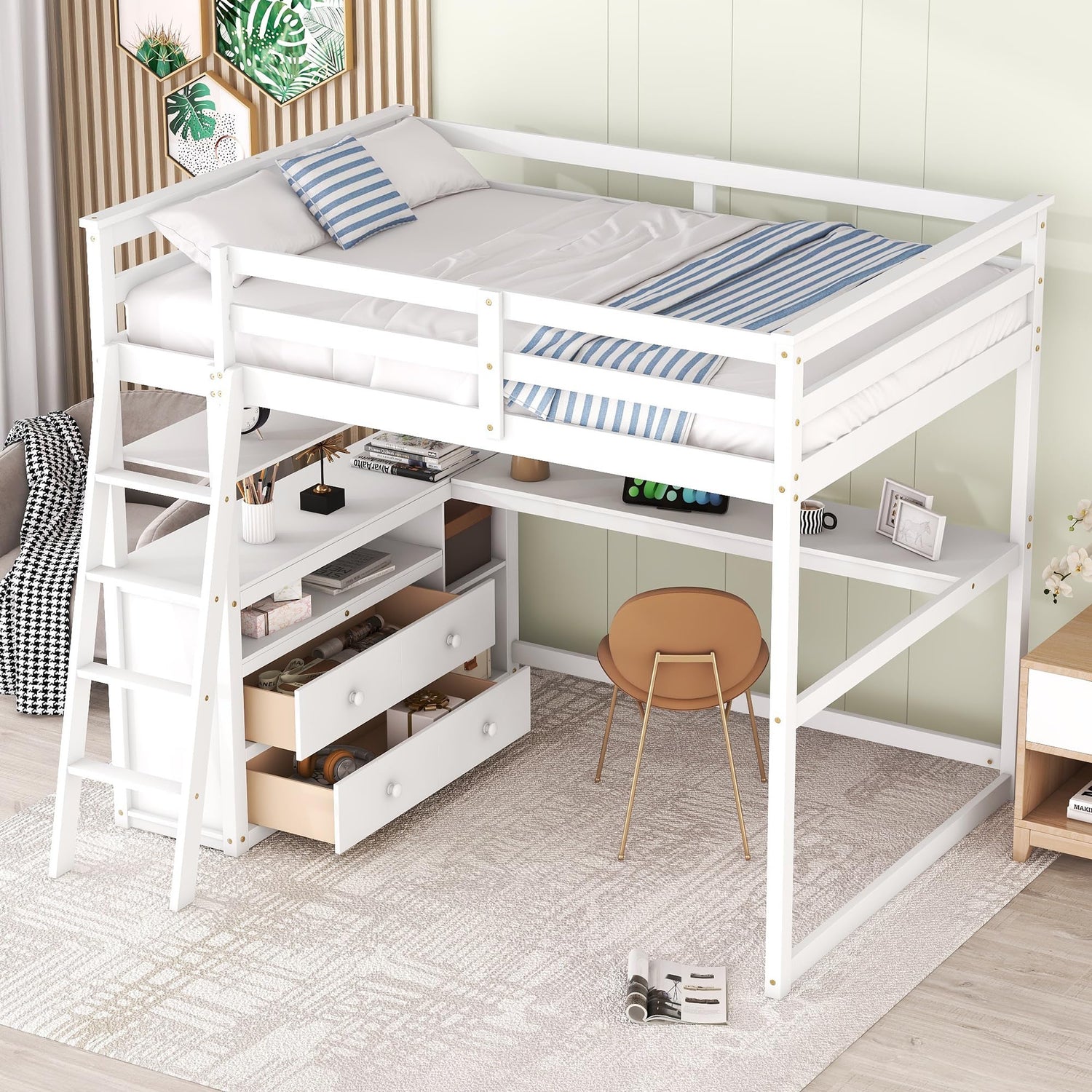 Harper & Bright Designs White Full Size Loft Bed with Desk, Shelves and Storage Drawers Harper & Bright Designs