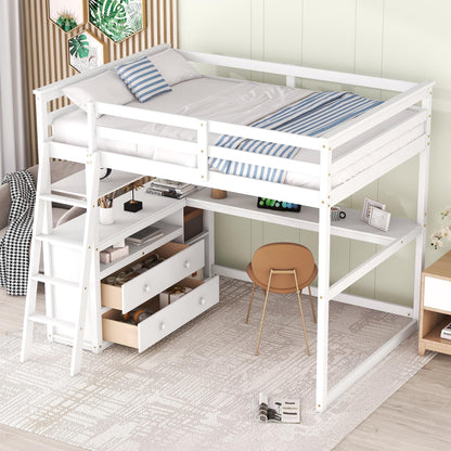 Harper & Bright Designs White Full Size Loft Bed with Desk, Shelves and Storage Drawers - WoodArtSupply