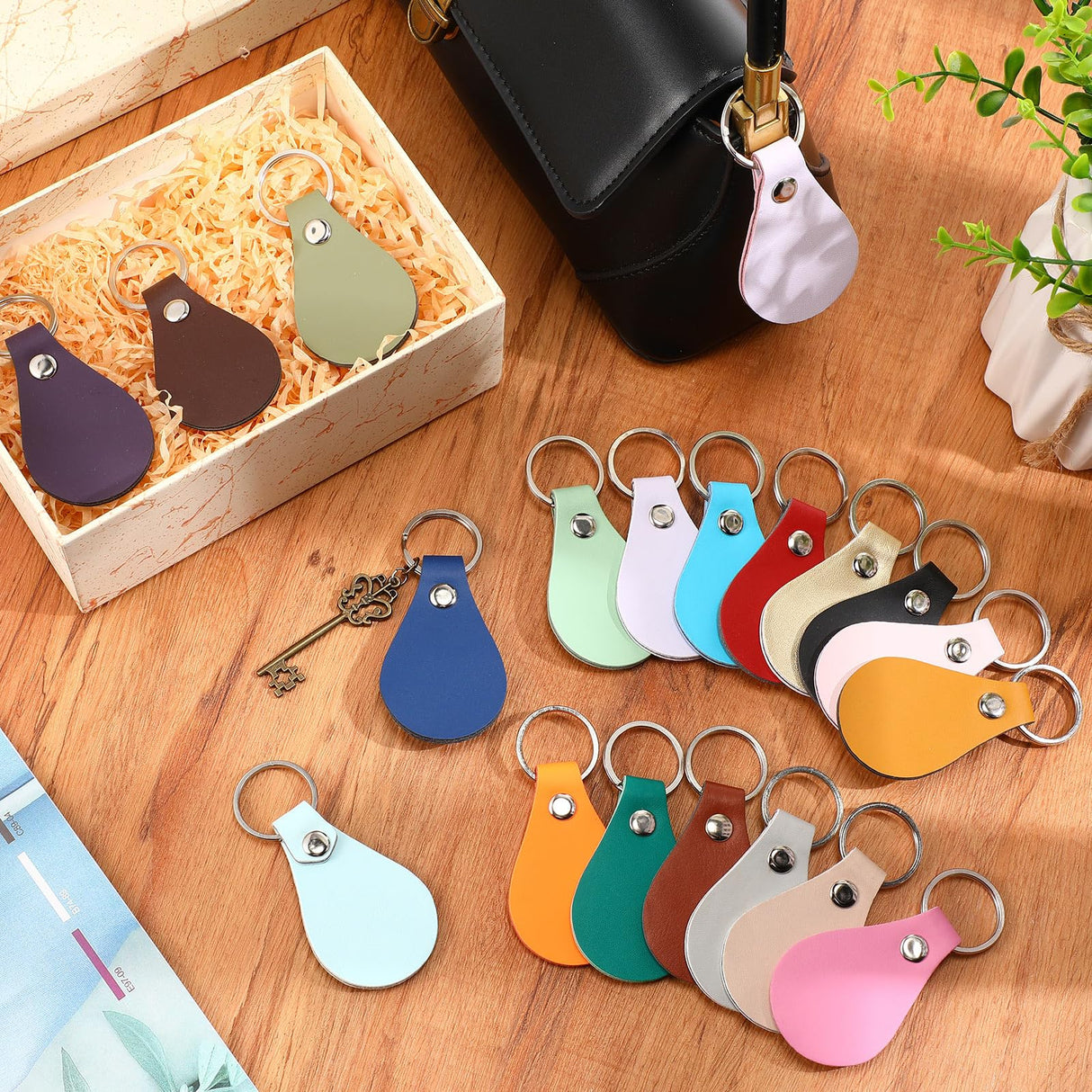 Sasylvia 100 Pcs Leather Key Fob Kit Leather Keychain Blanks with Rivets and Key Rings for Laser Engraving DIY Making Leather(Multicolored) Sasylvia