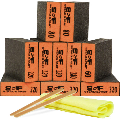 Sanding Block 10 pcs with Tack Cloth, 60 80 120 180 220 320 Coarse Medium Fine Grit Sanding Sponge Assortment, Sanding Sponges for Wood Drywall Metal S&F STEAD & FAST