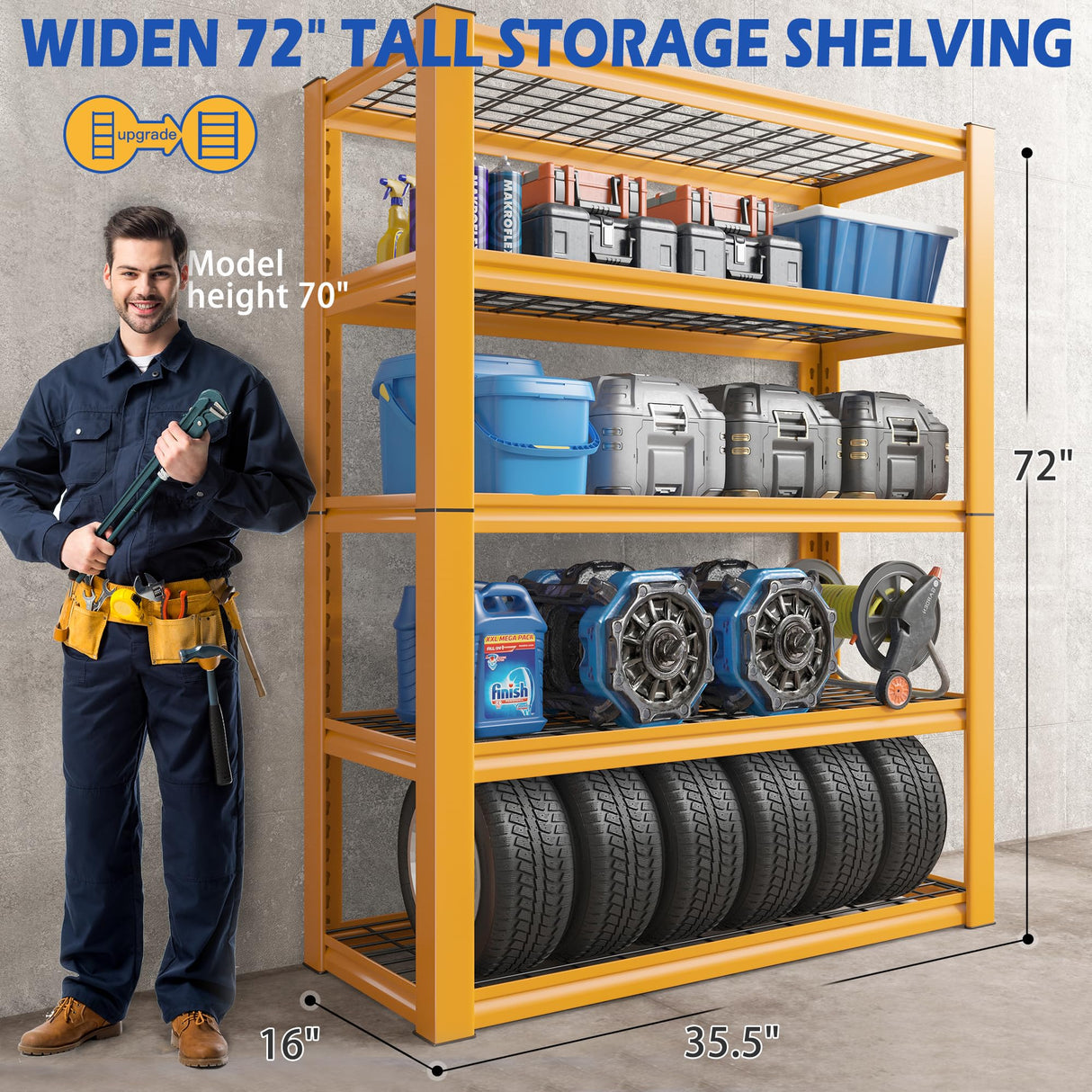 REIBII 72''H Garage Shelving Heavy Duty Loads 2000 LBS Garage Storage Shelves Heavy Duty Shelving 5 Tier Adjustable Metal Shelves for Storage Rack REIBII