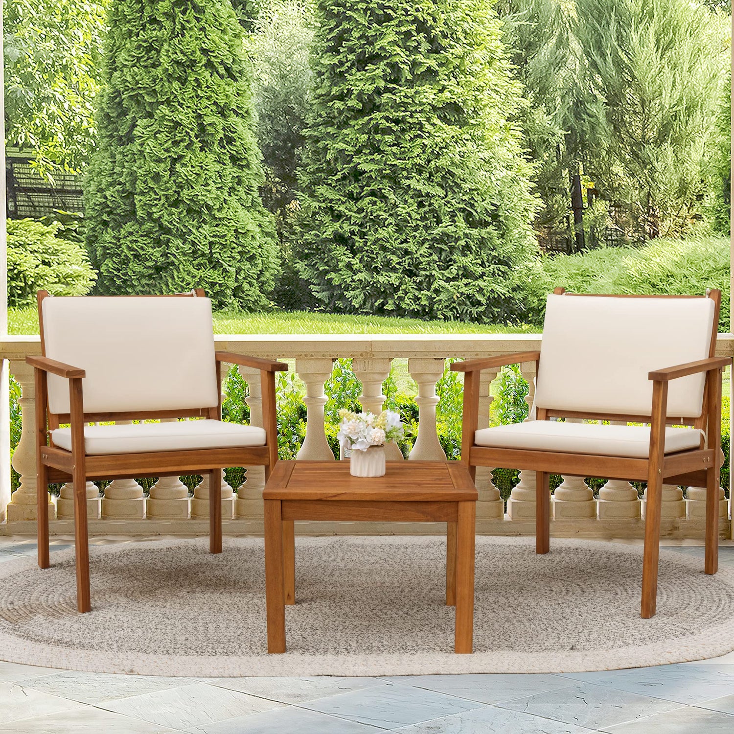 Flamaker Patio Chairs 3 Piece Acacia Wood Patio Furniture with Coffee Table & Cushions Outdoor Conversation Set Balcony Chairs for Porch, Deck, Flamaker
