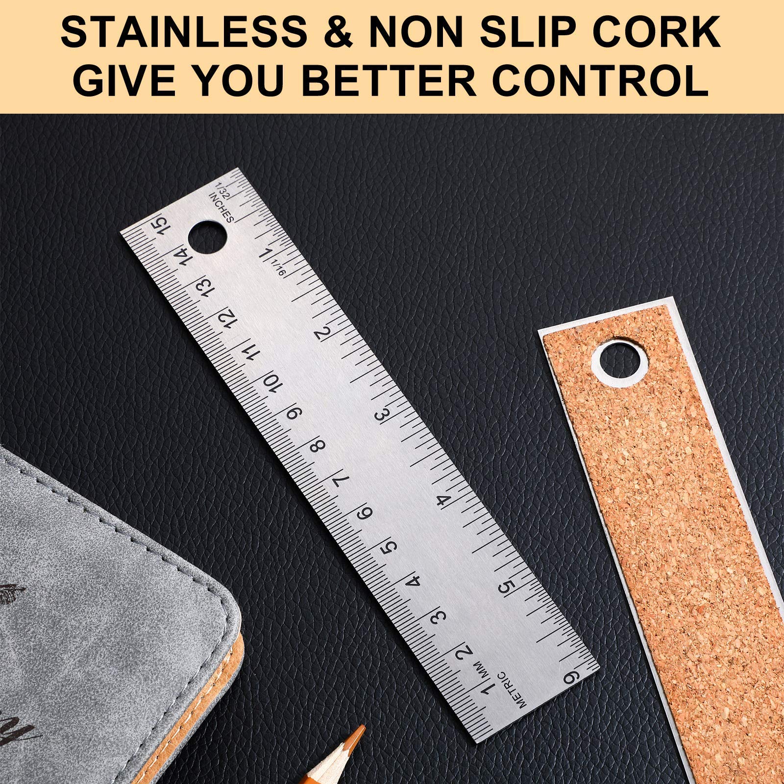 3 Pieces Stainless Steel Cork Back Rulers Metal Ruler Set Non Slip Straight Edge Cork Base Rulers with Inch and Metric Graduations for School Office - WoodArtSupply