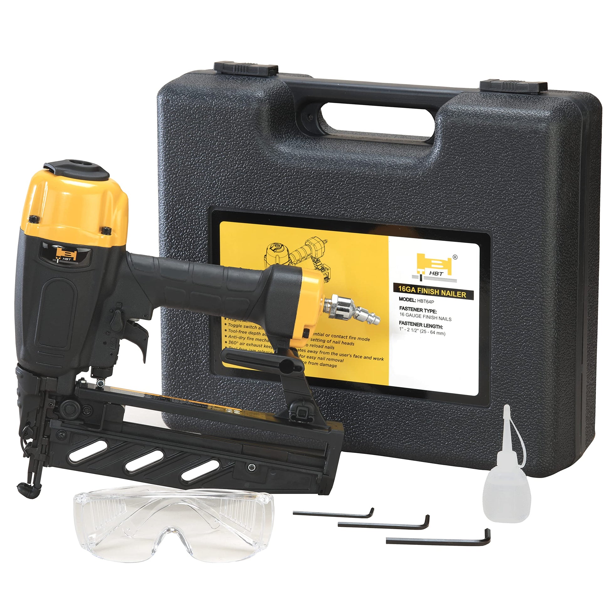 HBT HBT64P 16 Gauge Finish Nailer with Magnesium Housing, Straight Finish Nail Gun with Carrying Case, for 1-Inch up to 2-1/2-Inch Finish Nails - WoodArtSupply