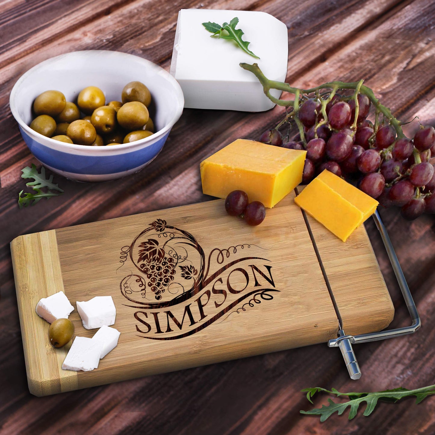 Personalized Cheese Board with Slicer - Monogrammed Bamboo Wood - Custom Engraved - WoodArtSupply