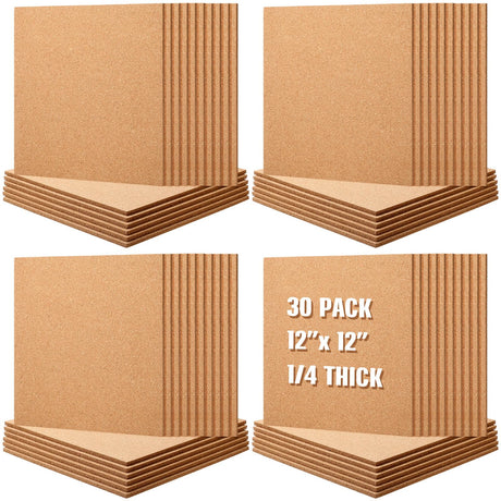 Kosiz 30 Pack Cork Board for Wall 12" x 12", 1/4" Thick Square Cork Board Tiles Brown Bulletin Corkboards with 150 Self Adhesive for Office Home and Kosiz