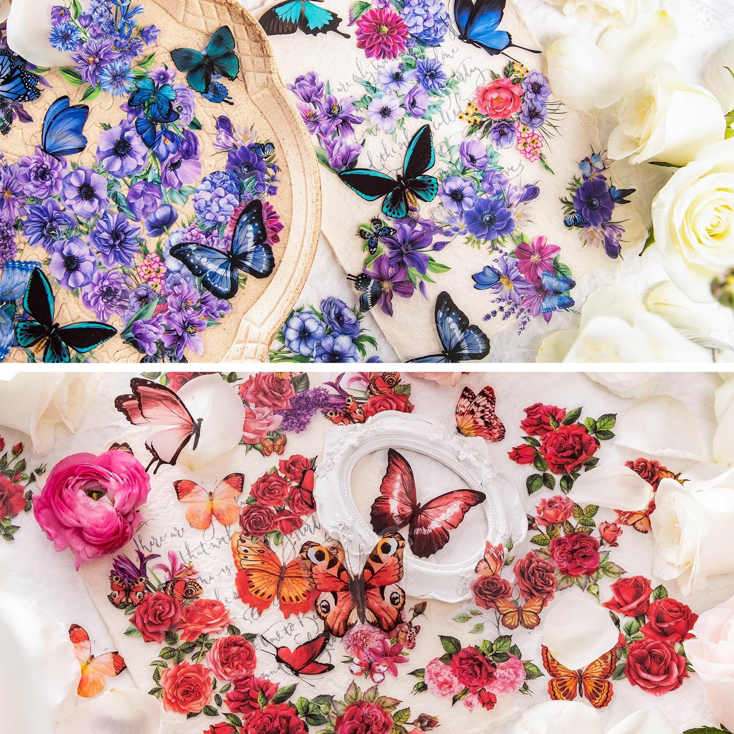 Knaid 300 Pieces Assorted Butterfly and Flower Stickers, Transparent Butterflies Floral Resin Decals Aesthetic Journaling Scrapbook Stickers for Card Knaid