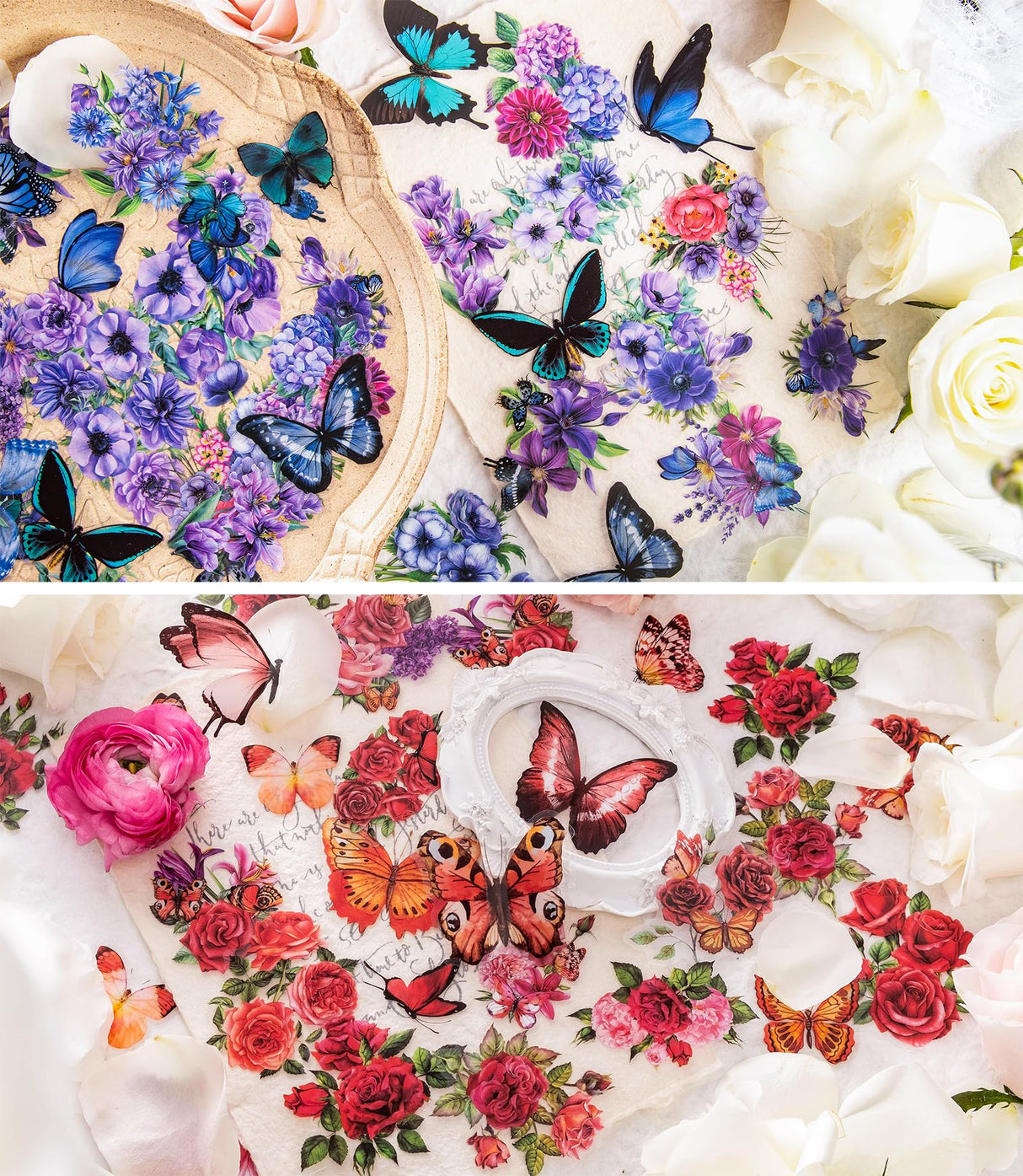 Knaid 300 Pieces Assorted Butterfly and Flower Stickers, Transparent Butterflies Floral Resin Decals Aesthetic Journaling Scrapbook Stickers for Card Knaid