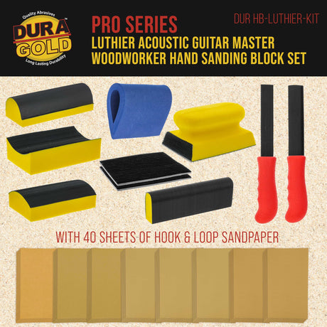 Dura-Gold Luthier Acoustic Guitar Master Woodworker Hand Sanding Block Set with 40 Sheet Hook & Loop Sandpaper Kit - Music Radius Repair Tools, Dura-Gold