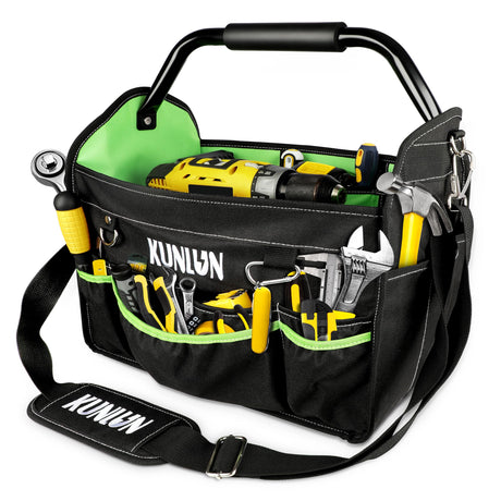 KUNLUN 17-Inch Open Top Tool Bag, Electrician Tool Bag, Tool Tote Bag Organizer for Easy Tool Access, 33 Pockets Foldable Tool Carrier with Rotating KUNLUN