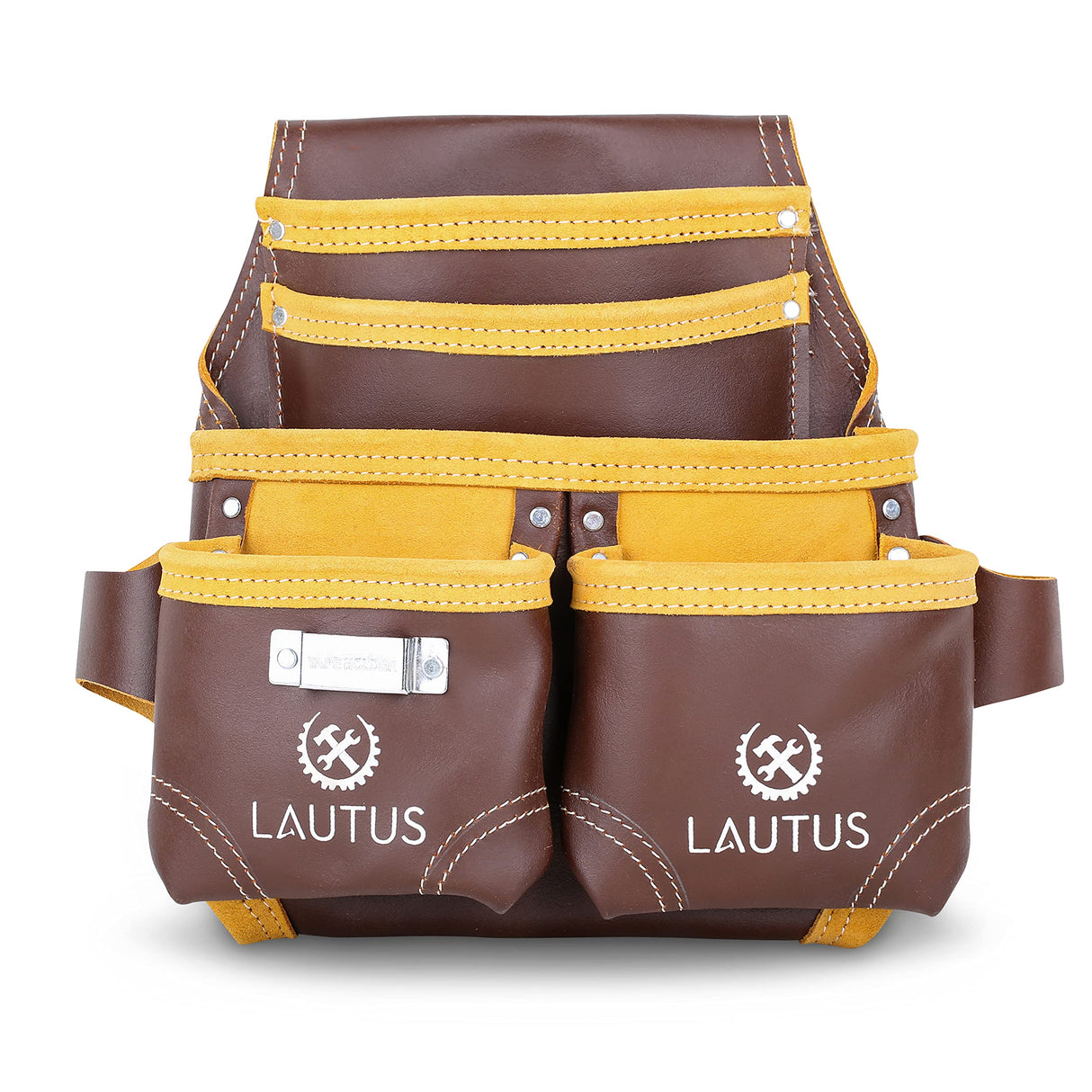 LAUTUS Oil Tanned Leather Tool Nail Pouch Bag |Cherry | Carpenter, Construction, Framers, Handyman | 5 Pockets, 2 Snap Loops | 100% Leather LAUTUS