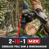 MZK 2-in-1 Cordless Pole Saw & Mini Chainsaw with 3 Replacement Chain, 20V Battery Pole Chainsaw, 4.5" Cutting Capacity, 13ft Reach Pole Saw for Tree MZK
