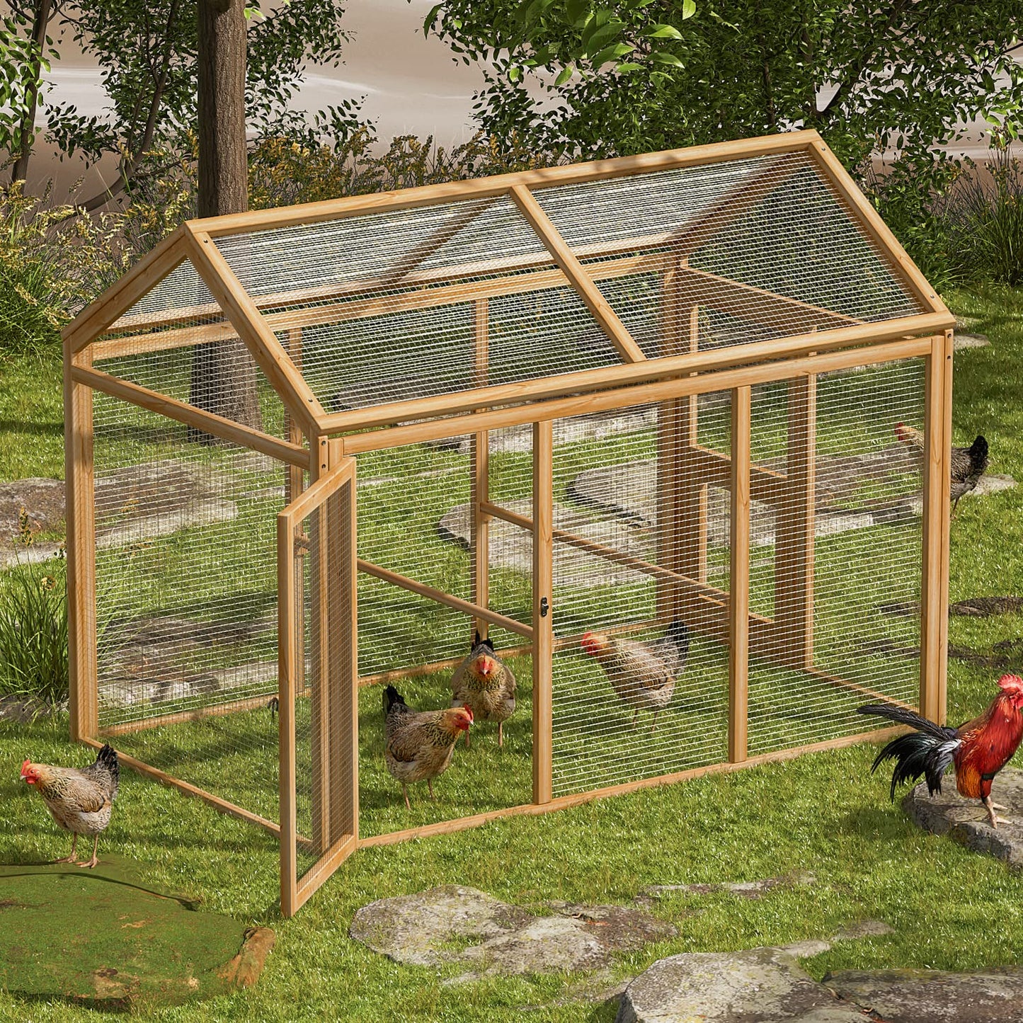 MoNiBloom Outdoor Chicken Coop Large Hen House Poultry Cage with Roosting Rods, Farmhouse Backyard Wood Rabbit Hutch Small Pets Playpens Spire Shaped - WoodArtSupply