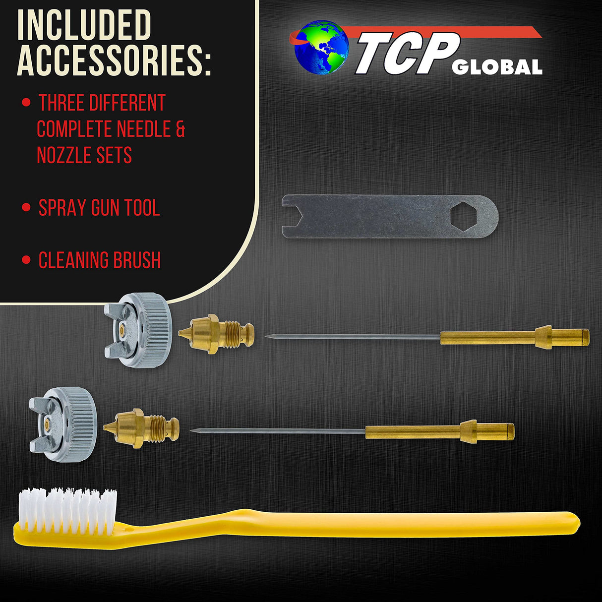 TCP Global Mini Gravity Feed Spray Gun with .8mm, 5mm & 1.0mm Needle & Nozzle Sets & Side Mounted Rotating Cup TCP Global
