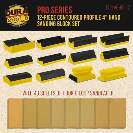 Dura-Gold 12-Piece Contoured Profile 4" Hand Sanding Block Set with 40 Sheet Hook & Loop Sandpaper Kit - Interchangeable Assorted Convex & Concave Dura-Gold