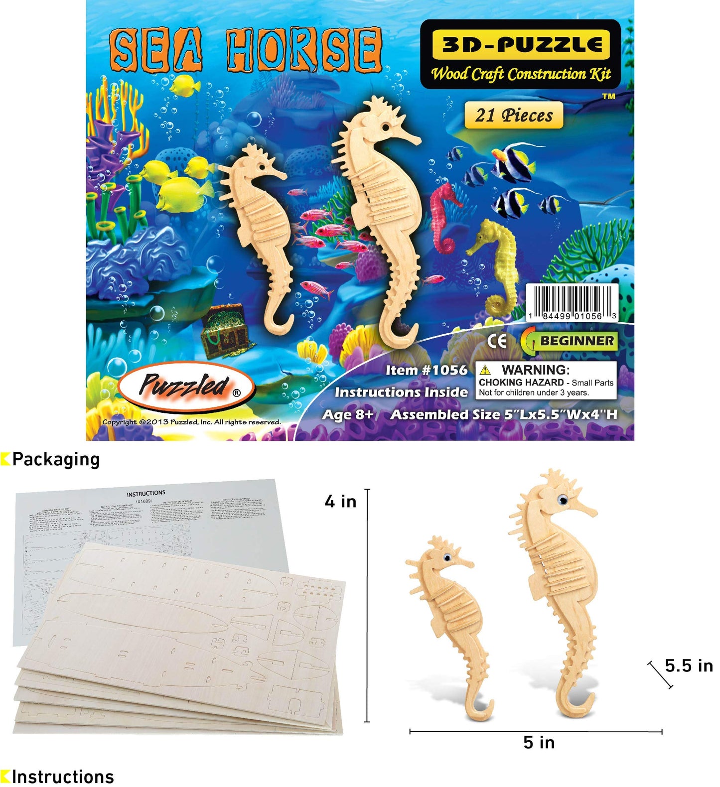 Puzzled 3D Puzzle Sea Horse - Wood Craft Construction Model Kit - Unique Educational DIY Wooden Toy Assemble Model Unfinished Crafting Hobby Sea Life - WoodArtSupply