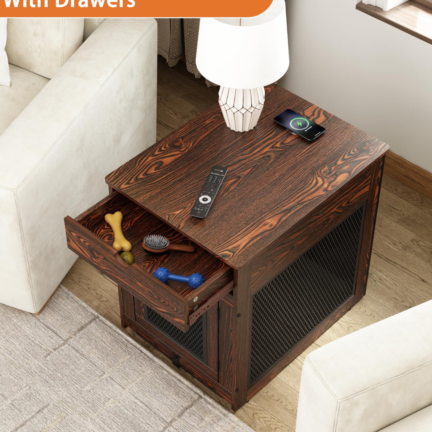 Piskyet Dog Crate Furniture,Wooden Dog Crate End Table with Storage Drawer&Cushion&Tray, QC3.0 Wireless Fast Charging&Dual USB, Dog Crate Indoor Piskyet