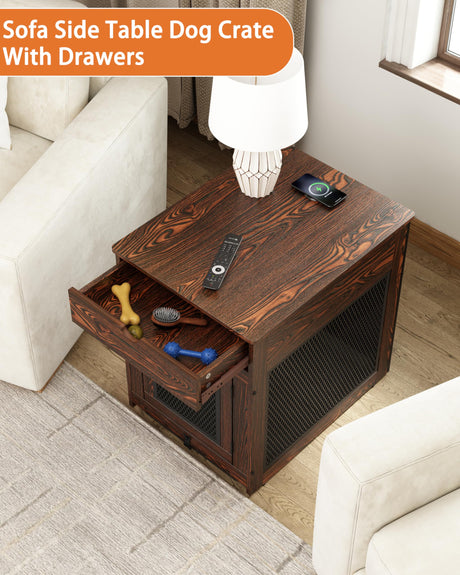 Piskyet Dog Crate Furniture,Wooden Dog Crate End Table with Storage Drawer&Cushion&Tray, QC3.0 Wireless Fast Charging&Dual USB, Dog Crate Indoor Piskyet