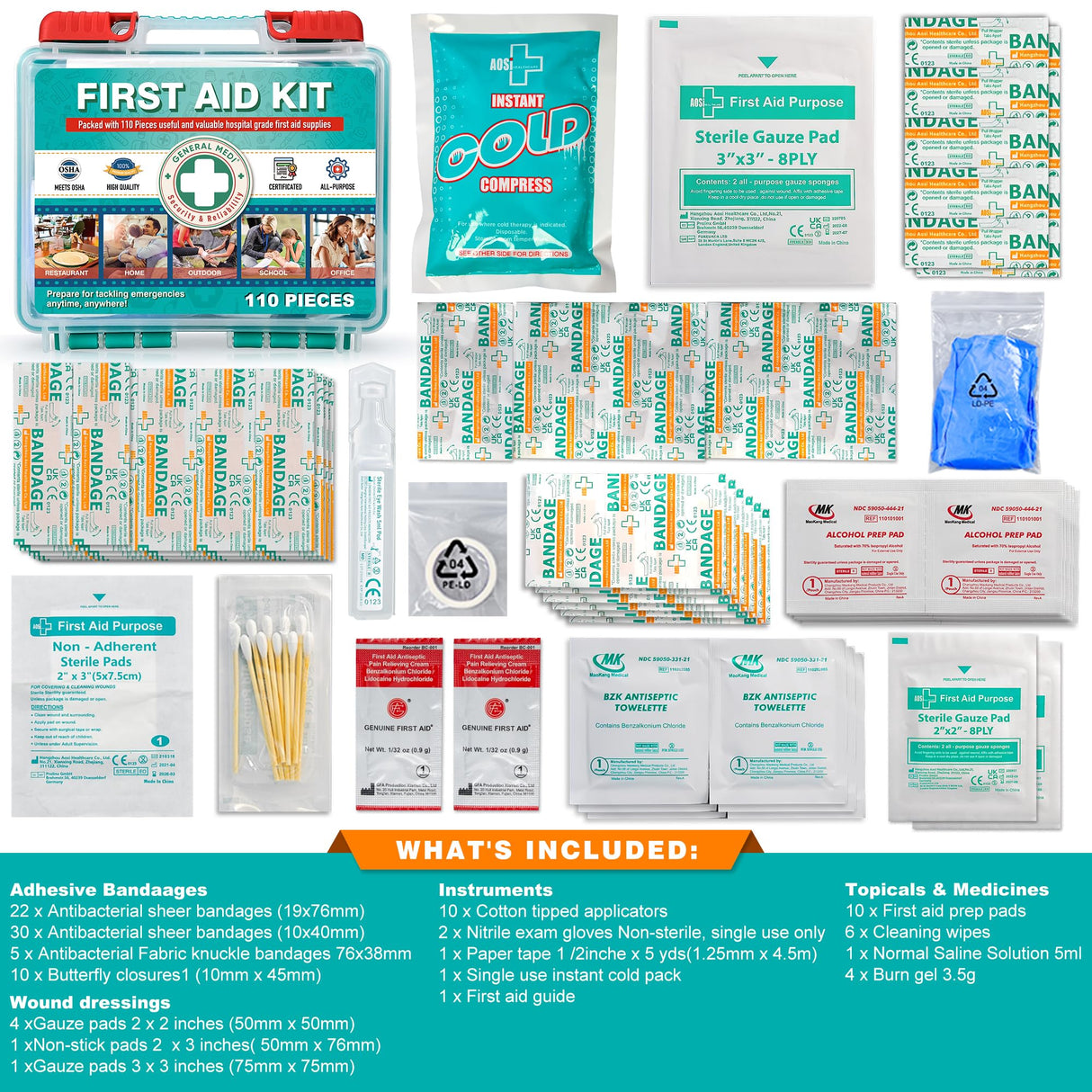 General Medi 110 Pieces Small First Aid Kit - HardCase First Aid Box - Contains Premium Medical Supplies for Travel, Home, Office, Vehicle, Camping, General Medi