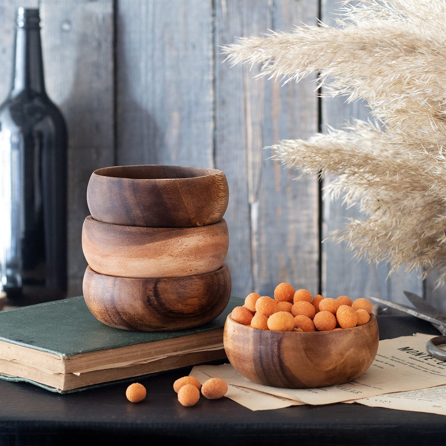cintika Set of 4 Round Wooden Bowl Set. 4 inch Handmade Calabash Bowl, Small Wooden Bowl Set, Nuts and Small Snacks Serving Bowls, Sauce Bowl, cintika