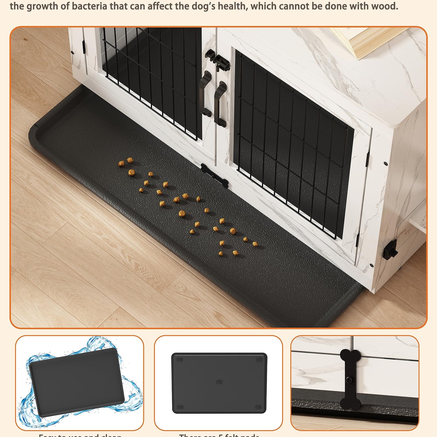 Piskyet Wooden Dog Crate Furniture with 360°Rotatable Removable Dog Bowls, Dog Crate End Table with Tray, Double Doors Dog Kennels for Medium Dogs Piskyet