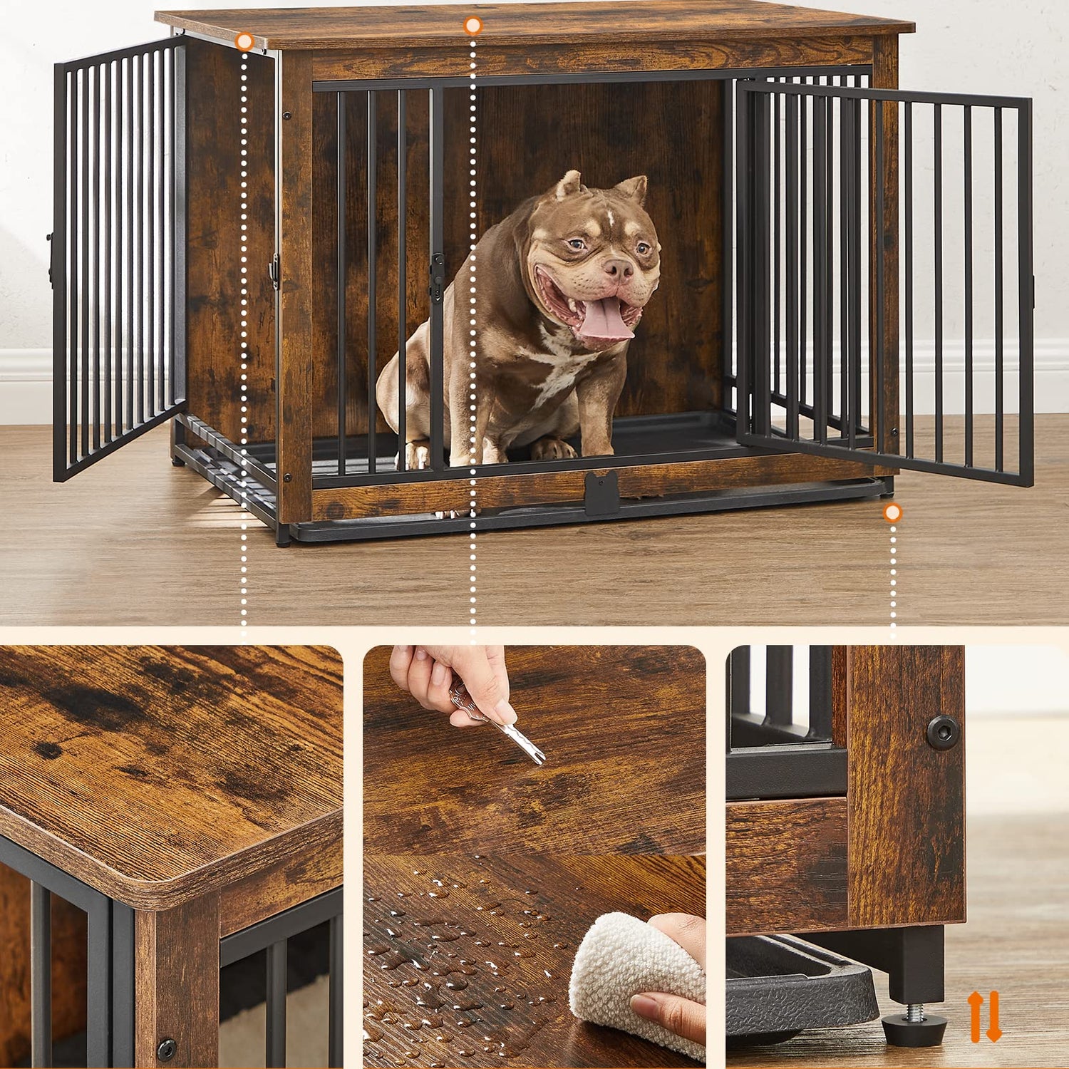 Feandrea Dog Crate Furniture, 38 Inches Dog Kennel for Dogs up to 70 lb, with Removable Tray, Heavy-Duty Dog Cage End Table, Double Doors Dog House, Feandrea