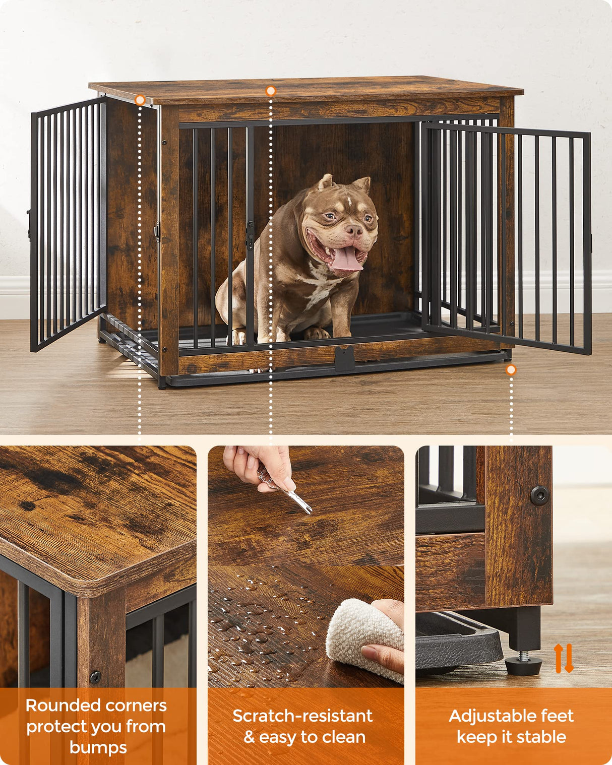Feandrea Dog Crate Furniture, 38 Inches Dog Kennel for Dogs up to 70 lb, with Removable Tray, Heavy-Duty Dog Cage End Table, Double Doors Dog House, Feandrea