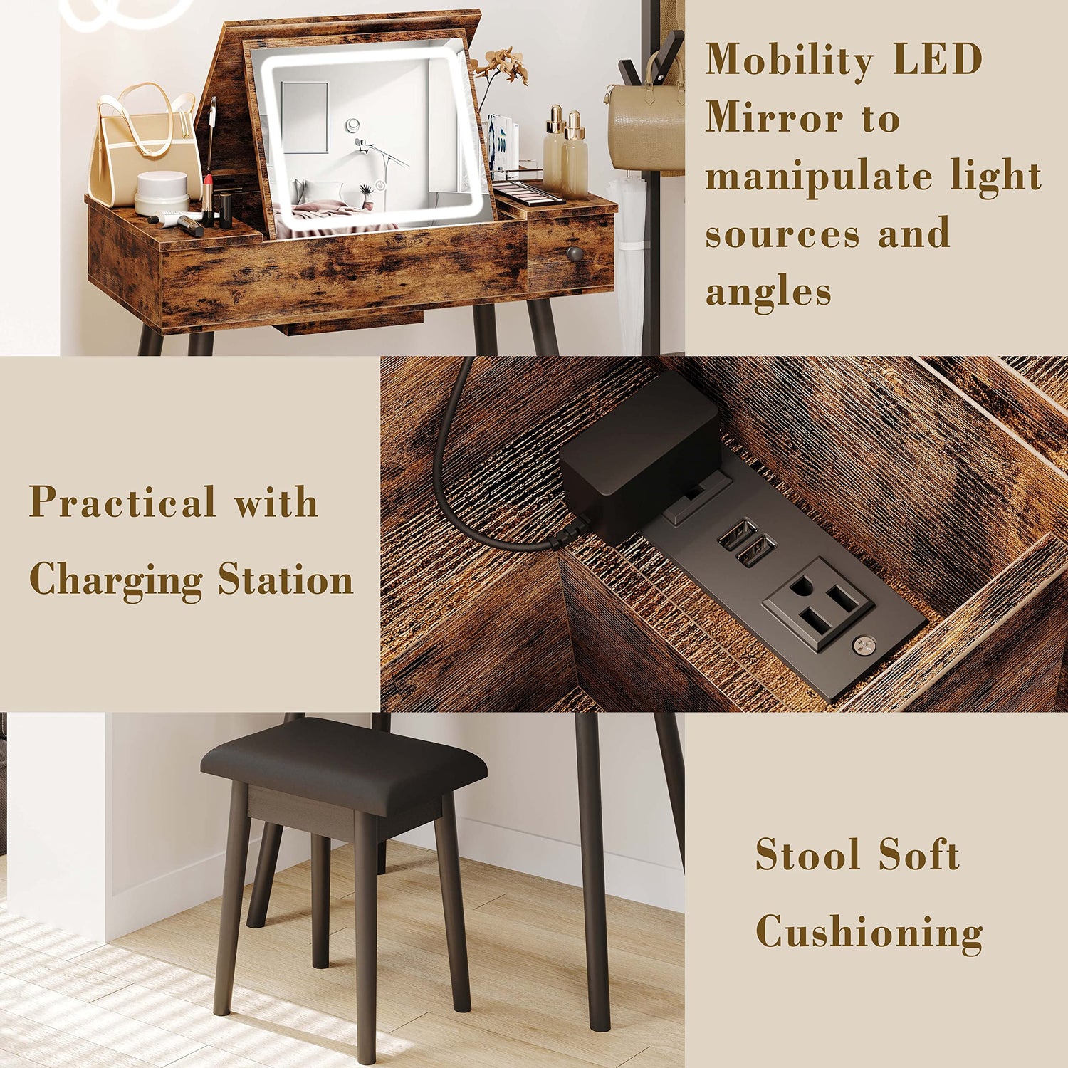 IRONCK Vanity Desk Set with LED Lighted Mirror & Power Outlet, Flip Top Makeup Vanity Table with Drawers & Cabinet,for Bedroom, Bathroom, Vintage IRONCK