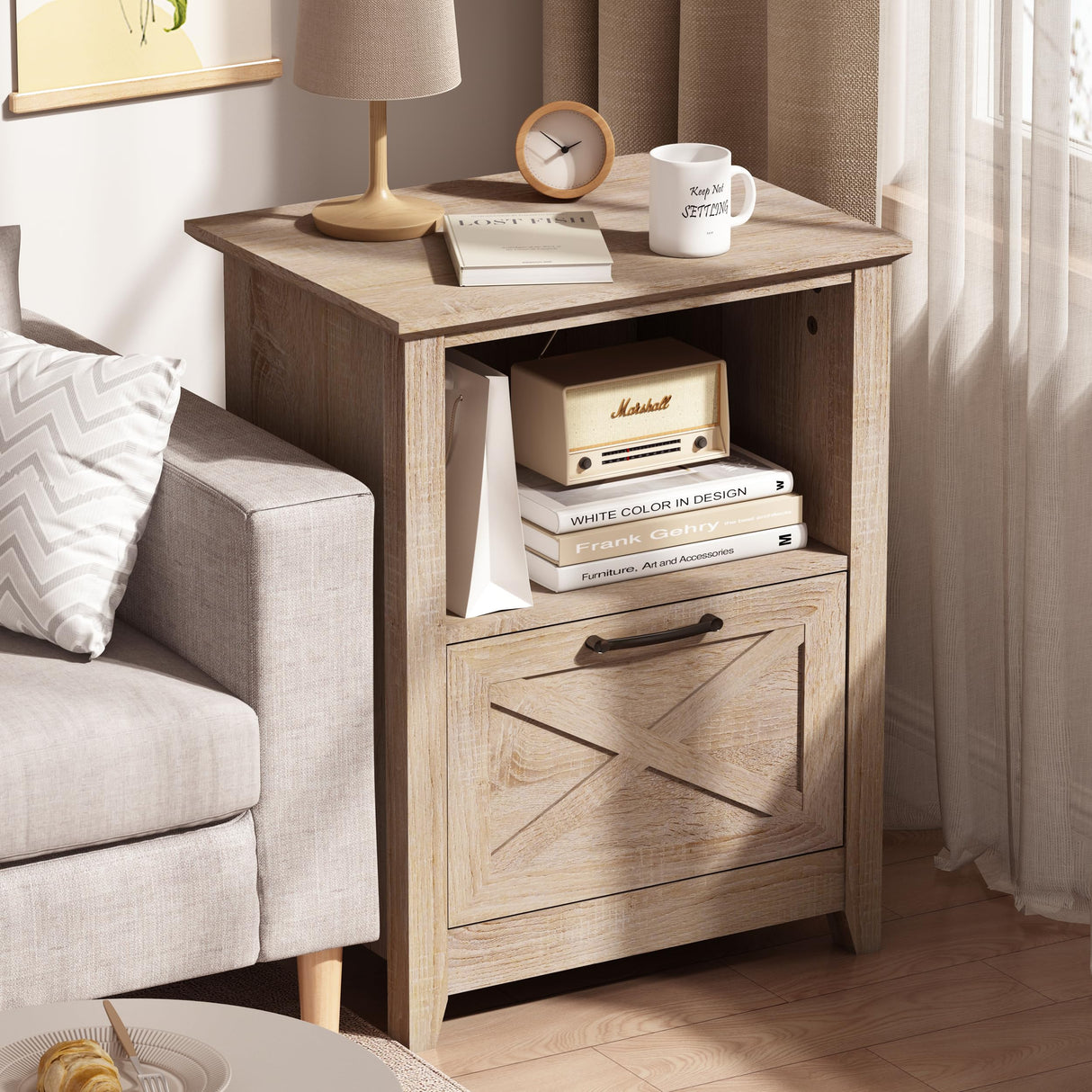 PrimeZone 30" Tall Nightstand for King & Queen Bed with Storage Drawer & Open Cubby - Beige Wood End Table Bedside Table for Living Room, Bedroom, PrimeZone