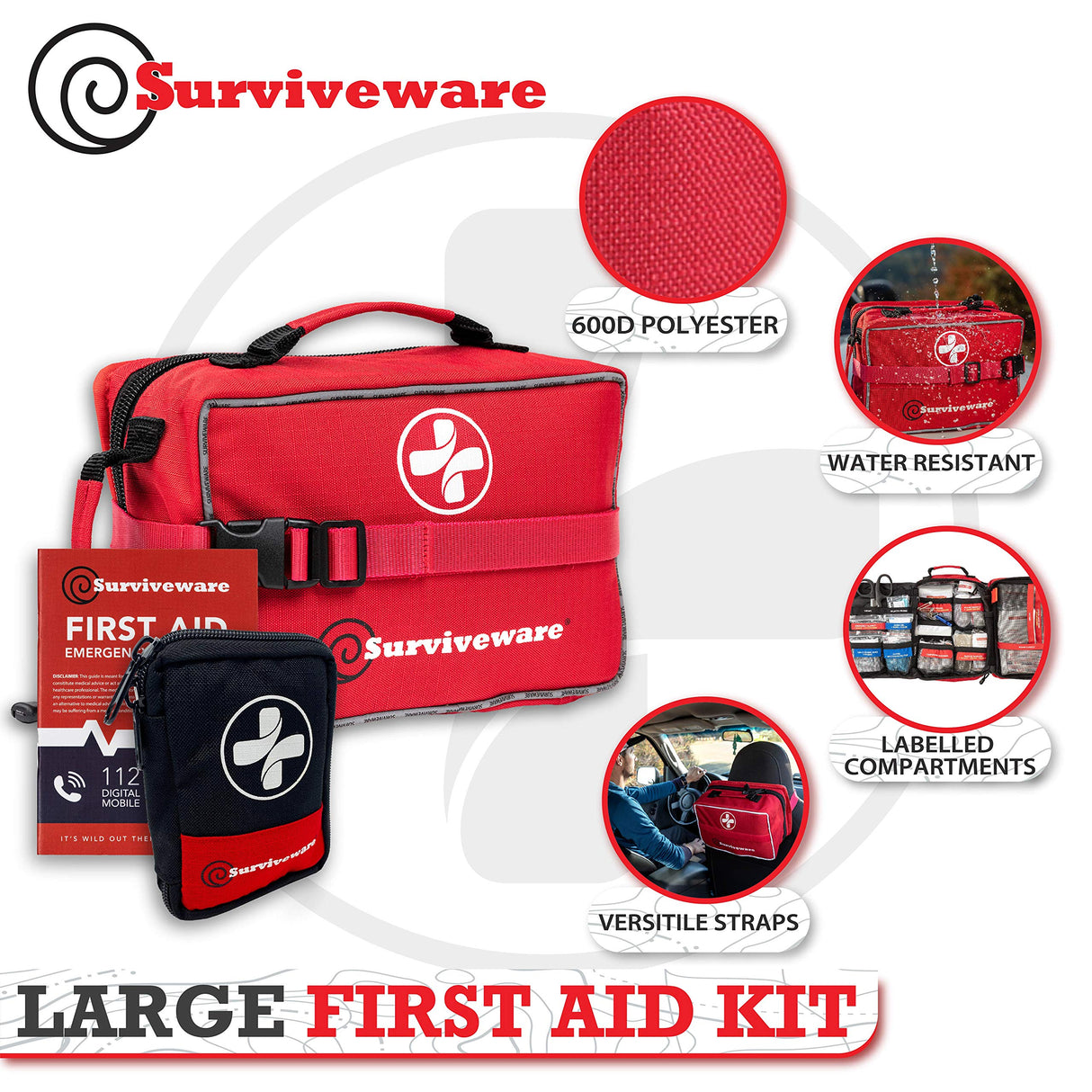 Surviveware Comprehensive Premium First Aid Kit Emergency Medical Kit for Trucks, Cars, Camping, Office and Sports and Outdoor Emergencies - Large Surviveware