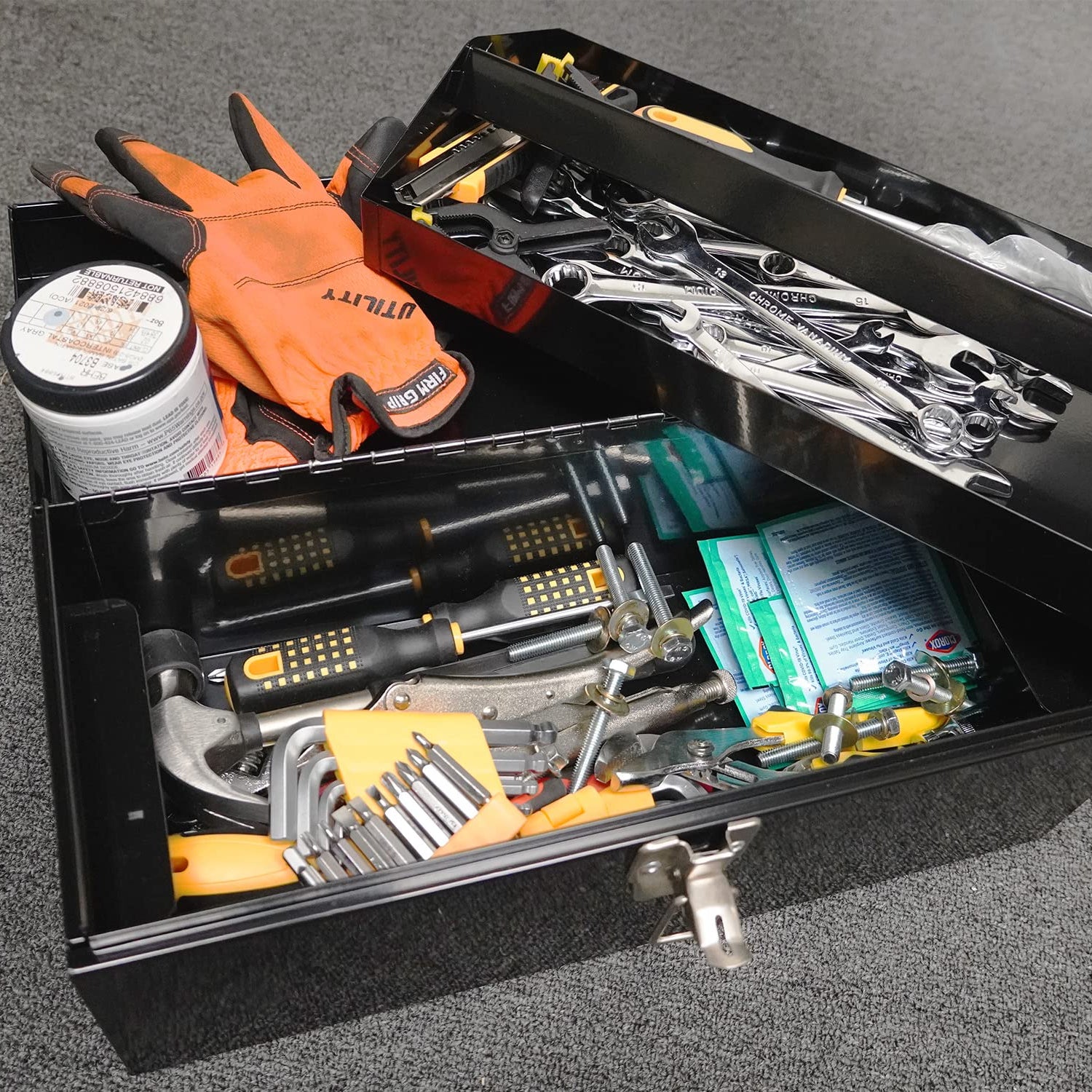 16" Portable Steel Heavy-duty Tool Box 18-Gauge with Metal Latch and Handle Black HantekSteel