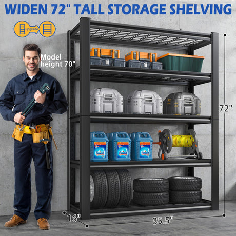 REIBII Garage Shelving, 72" Garage Storage Shelves Heavy Duty Shelving Units and Storage Loads 2000LBS, Adjustable 5 Tier Metal Shelving for Garage REIBII