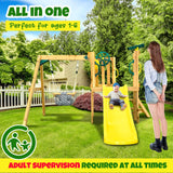Motionchic 3 in 1 Wooden Swing Set Outdoor Playset Swing Set Kids Playground Playset with Baby Swing Seat, Toddler Slide, Captain's Wheel, Telescope, Motionchic