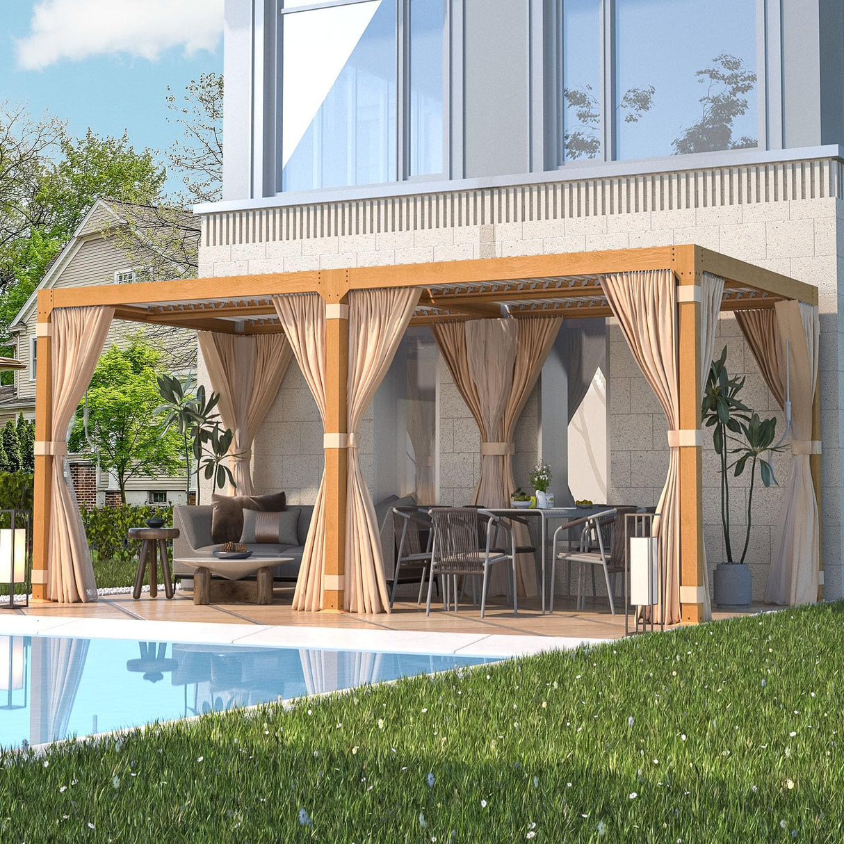 EROMMY Louvered Pergola 10' x 20' Outdoor Hard Top Gazebo with Wooden Grain Aluminum Frame and Adjustable Metal Rainproof Roof for Garden & Patio, EROMMY