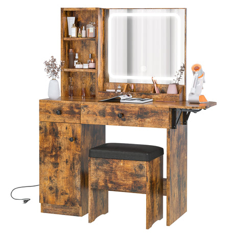 IRONCK Vanity Desk with LED Lighted Mirror & Power Outlet, Makeup Table with Drawers & Cabinet,Storage Stool,for Bedroom, Vintage Brown IRONCK