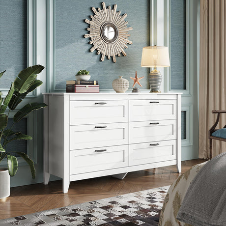 WLIVE 6 Drawer Dresser, Retro Chest of Drawers with Metal Handle, Double Wood Dresser for Bedroom, Living Room, Large Storage Cabinet, White WLIVE