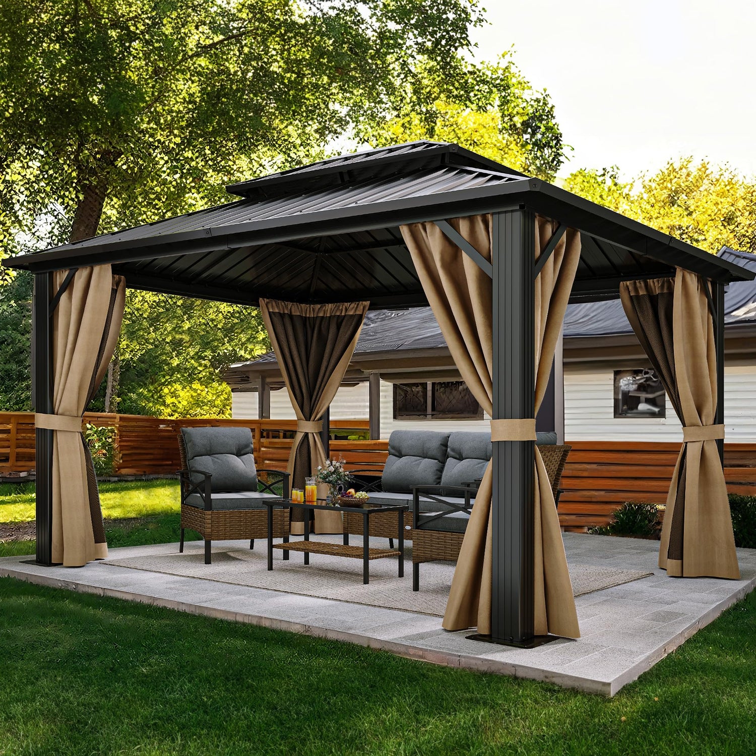 YITAHOME 10x12ft Gazebo Double Roof Hardtop with Nettings and Curtains, Heavy Duty Galvanized Steel Outdoor Vertical Stripes Roof for Patio, YITAHOME