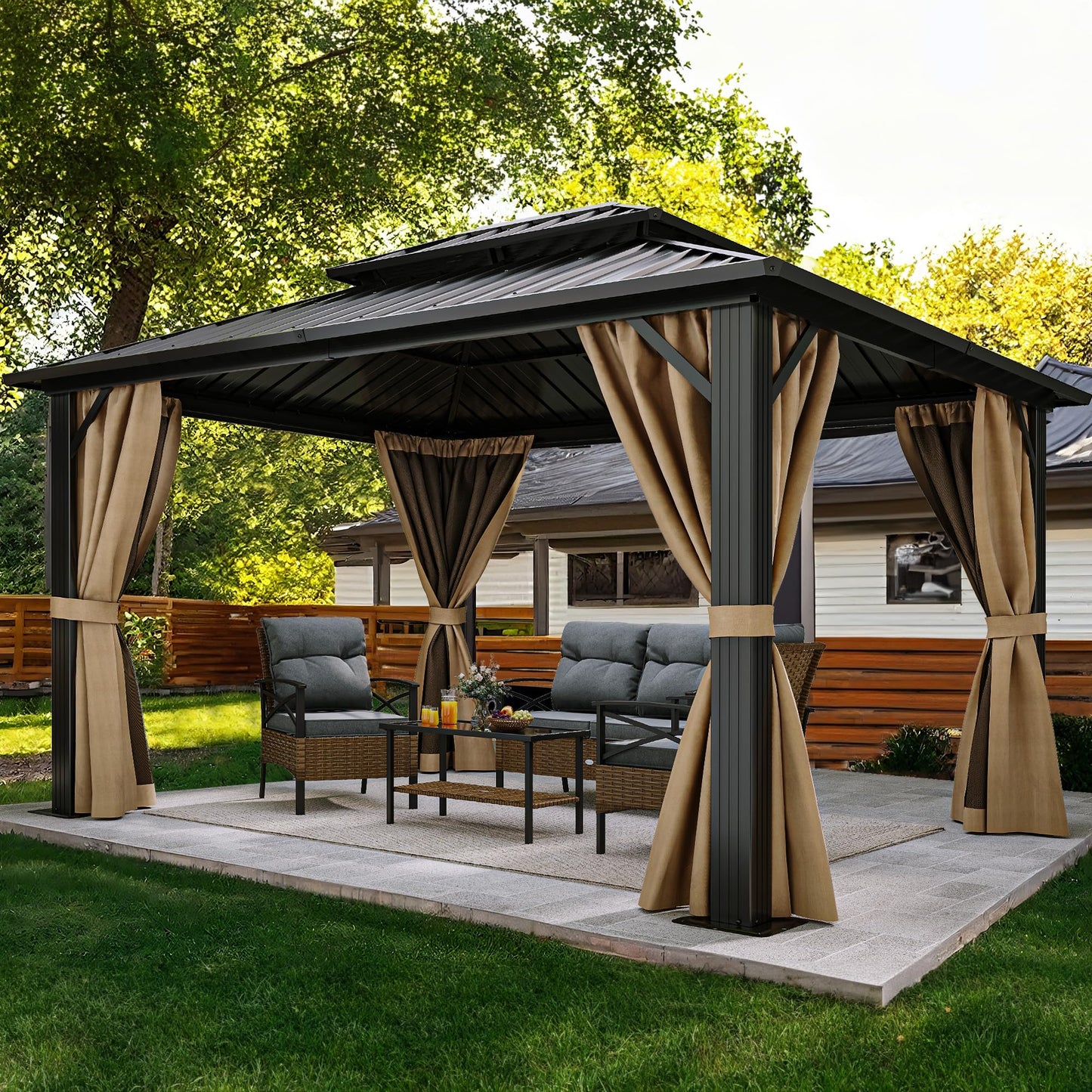 YITAHOME 10x12ft Gazebo Double Roof Hardtop with Nettings and Curtains, Heavy Duty Galvanized Steel Outdoor Vertical Stripes Roof for Patio, - WoodArtSupply