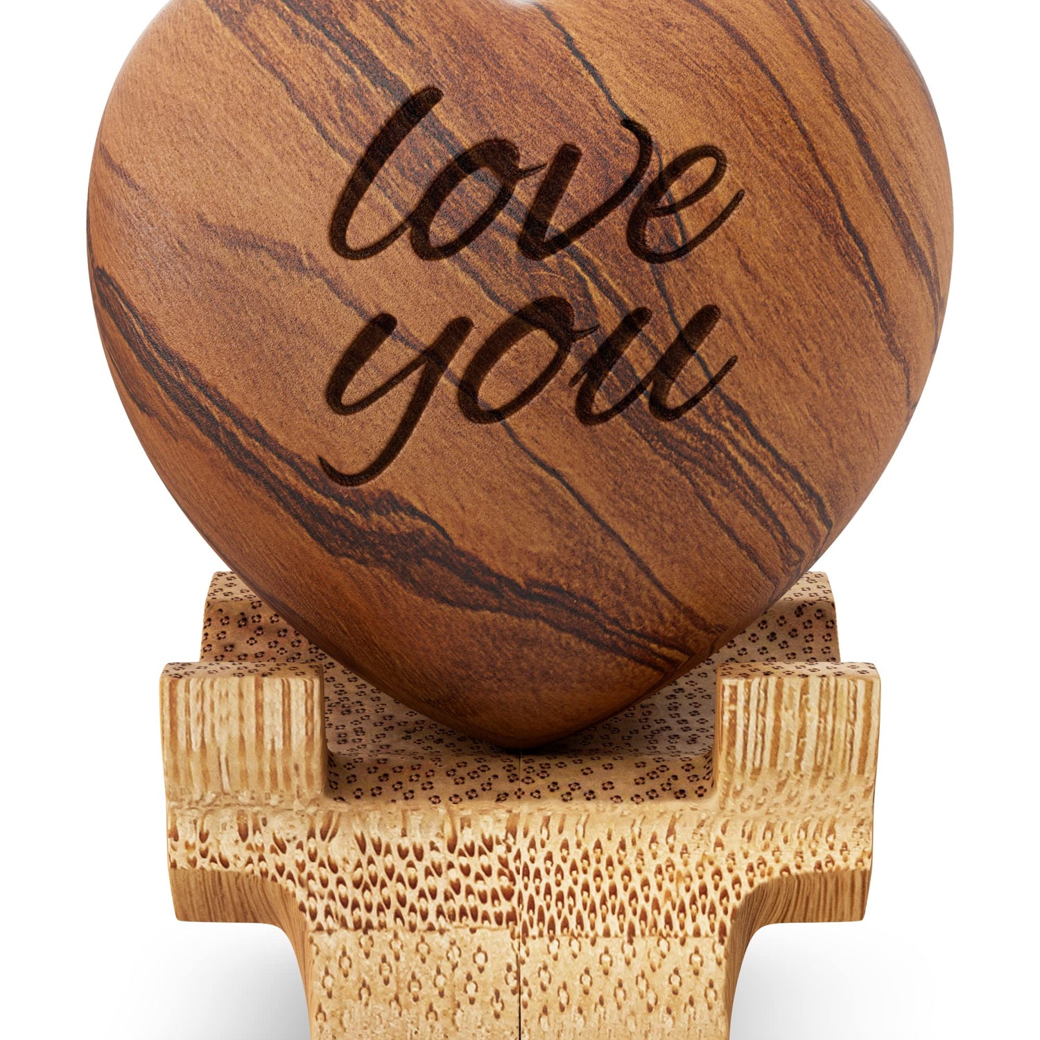 Carved Wooden Heart Shape Gifts - Love You - Engraved Olive Wood with Bamboo Stand - 5 Year Wooden for Her or Him - Christmas, Valentine's Day, Harmony Tree Collections