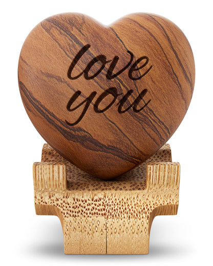 Carved Wooden Heart Shape Gifts - Love You - Engraved Olive Wood with Bamboo Stand - 5 Year Wooden for Her or Him - Christmas, Valentine's Day, - WoodArtSupply