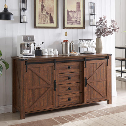 T4TREAM Farmhouse Sideboard Buffet Cabinet with Storage, 60" Large Kitchen Cabinet w/Sliding Barn Doors and 4 Drawers, 31.2'' Tall Rustic Wood Coffee