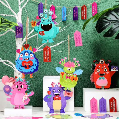 36 Packs Valentine's Day Monster Craft Ornaments Kit for Kids DIY Monster Paper Craft Make Your Own Ornament for Kids Hanging Kids Valentines Day